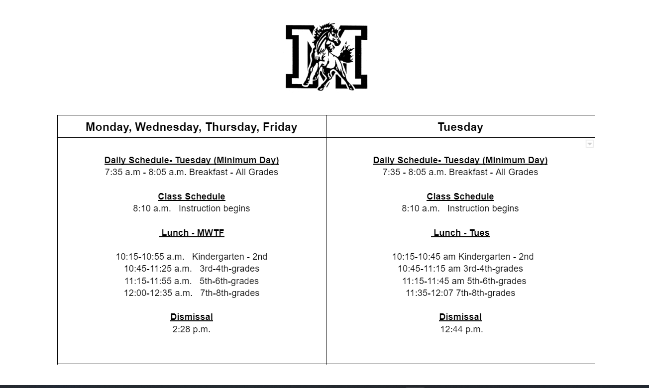  Madison Daily Schedule on Minimum Day Tuesdays and MWTHF